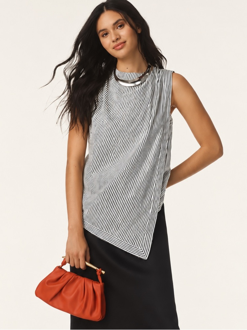 Anthropologie Maeve Sleeveless Cowl-Neck Asymmetrical Blouse Black White Stripes